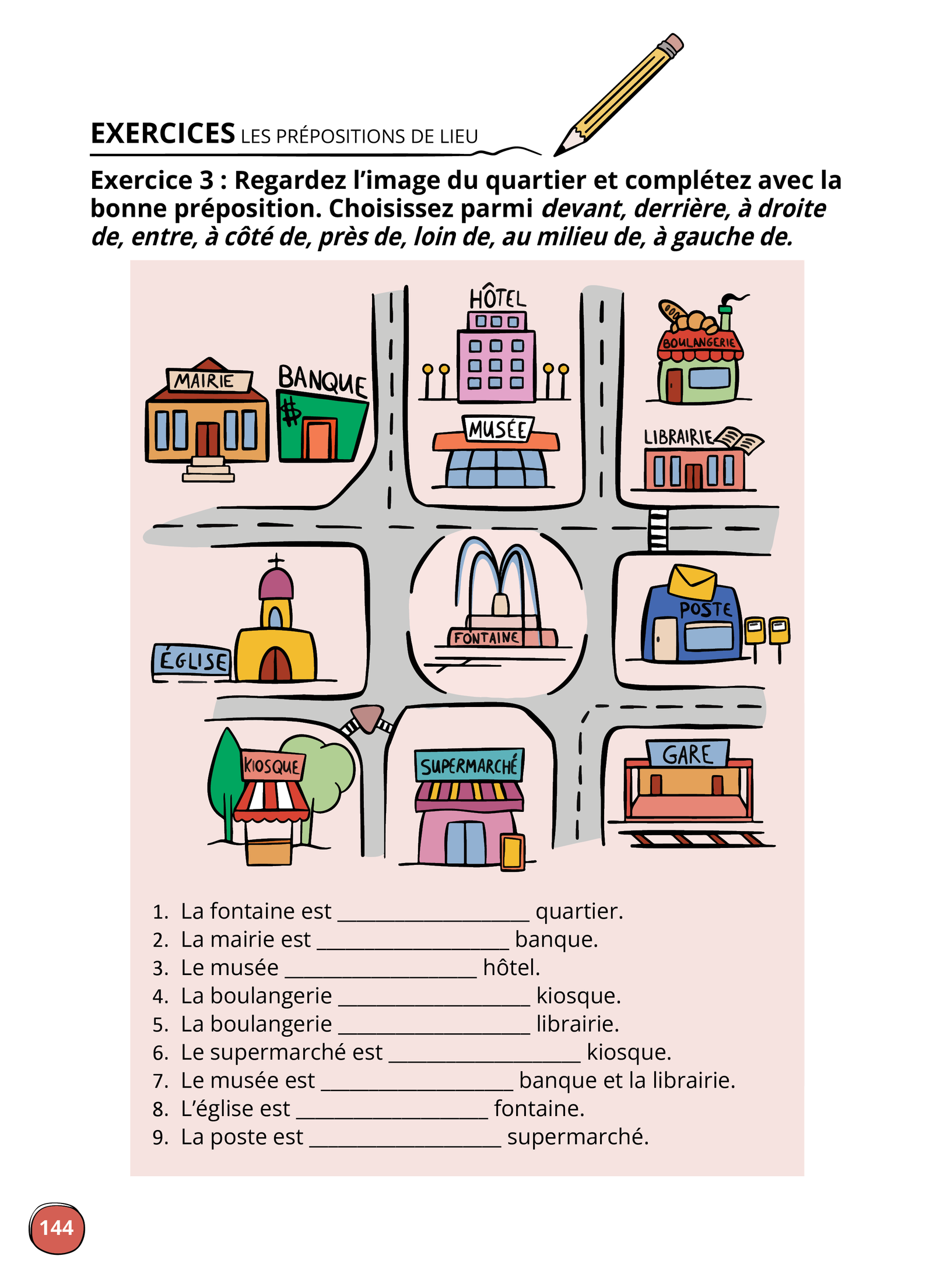 Γραμματική Γαλλικής γλώσσας εικονογράφηση άσκησης με κτίρια της πόλης