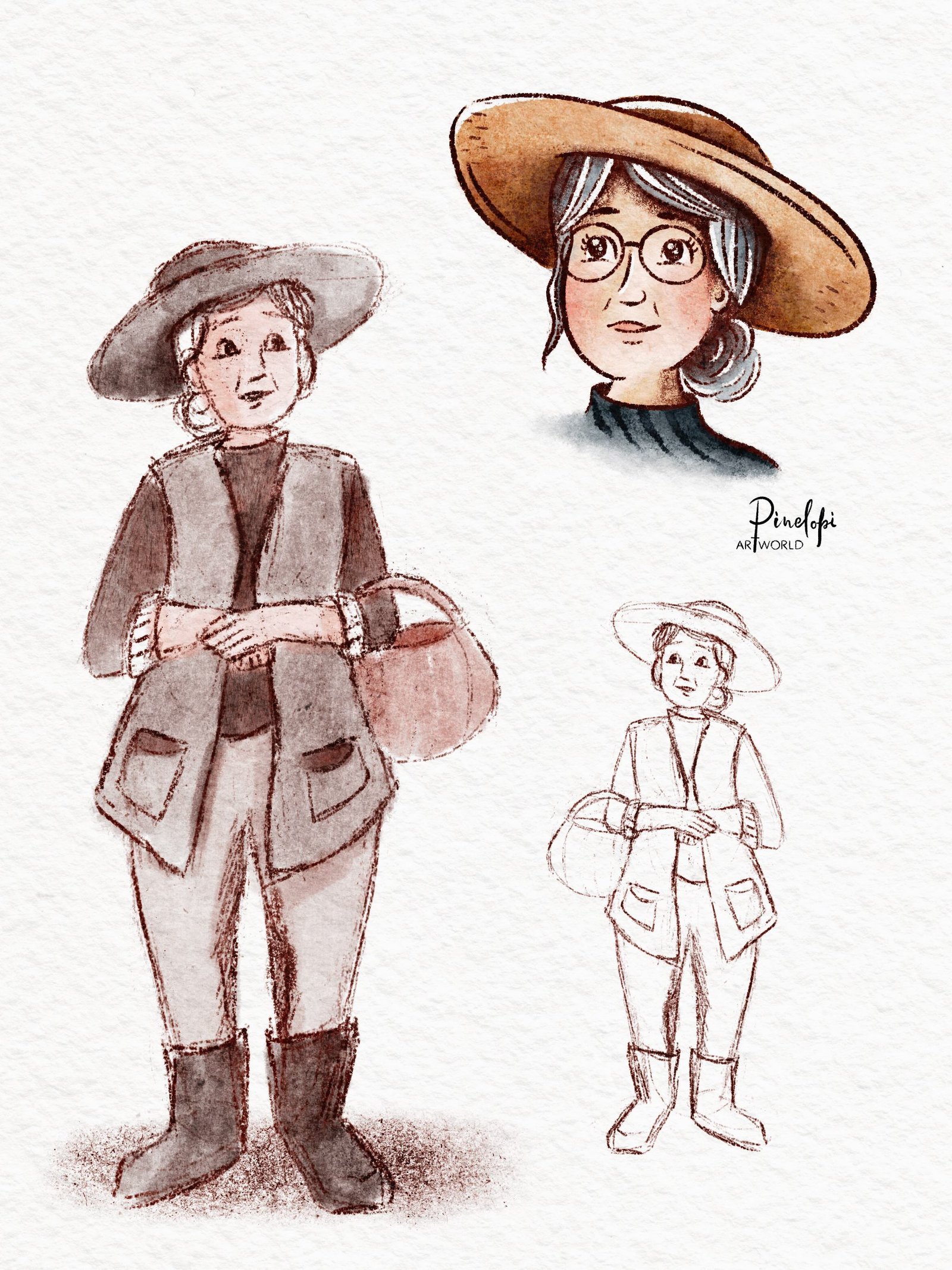 Σκίτσο δείγμα χαρακτήρα παιδικού παραμυθιού με μία γιαγιά αγρότισσα